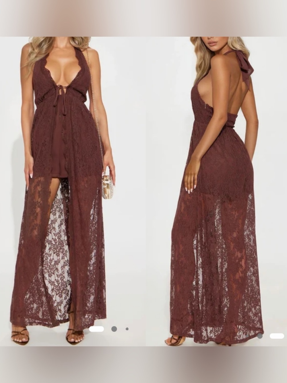 Fashion Nova My First Impression Romper Brown Longline Duster Lace Medium NWT